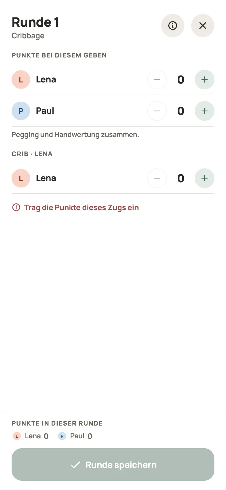Eine Runde Cribbage in Yazboz Guru eintragen