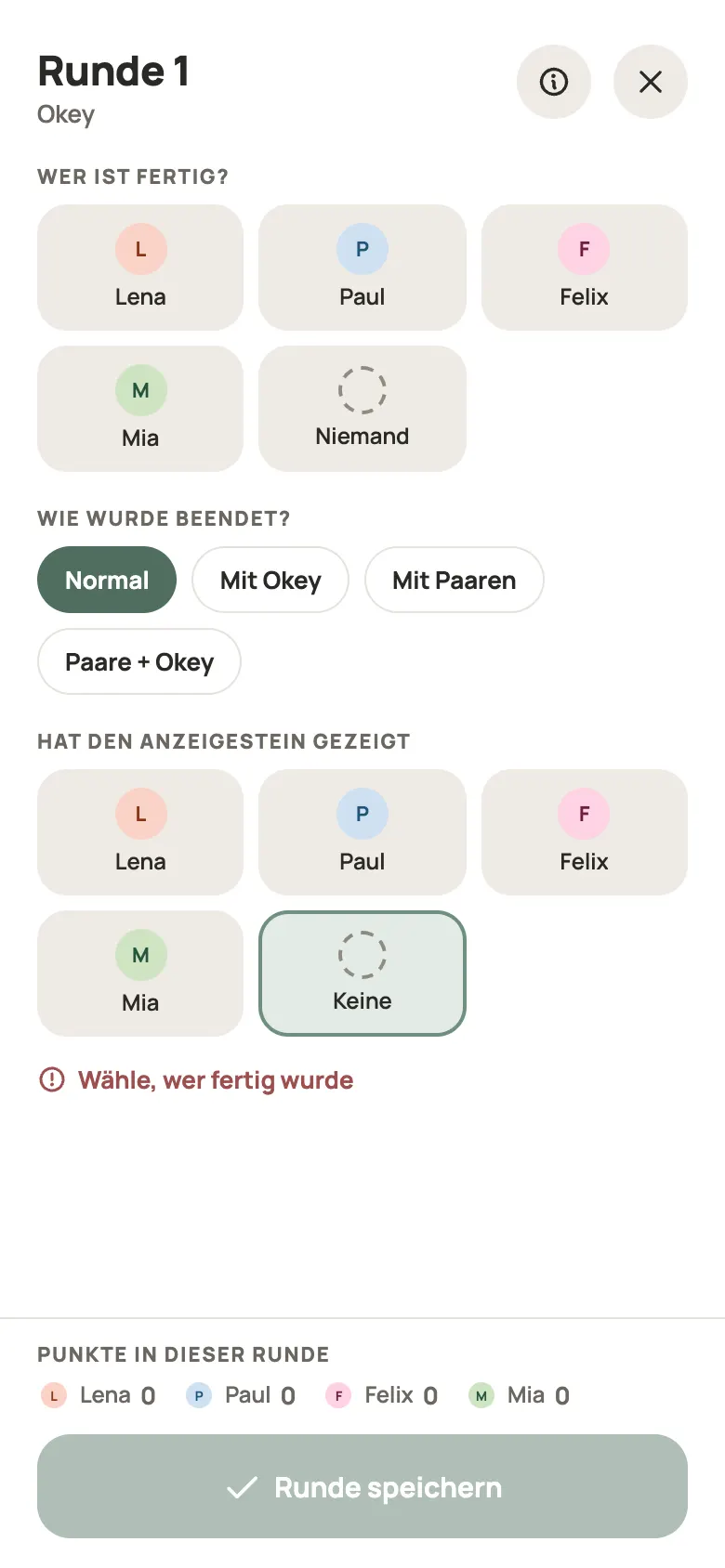Eine Runde Okey in Yazboz Guru eintragen