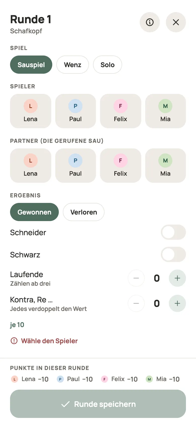 Eine Runde Schafkopf in Yazboz Guru eintragen