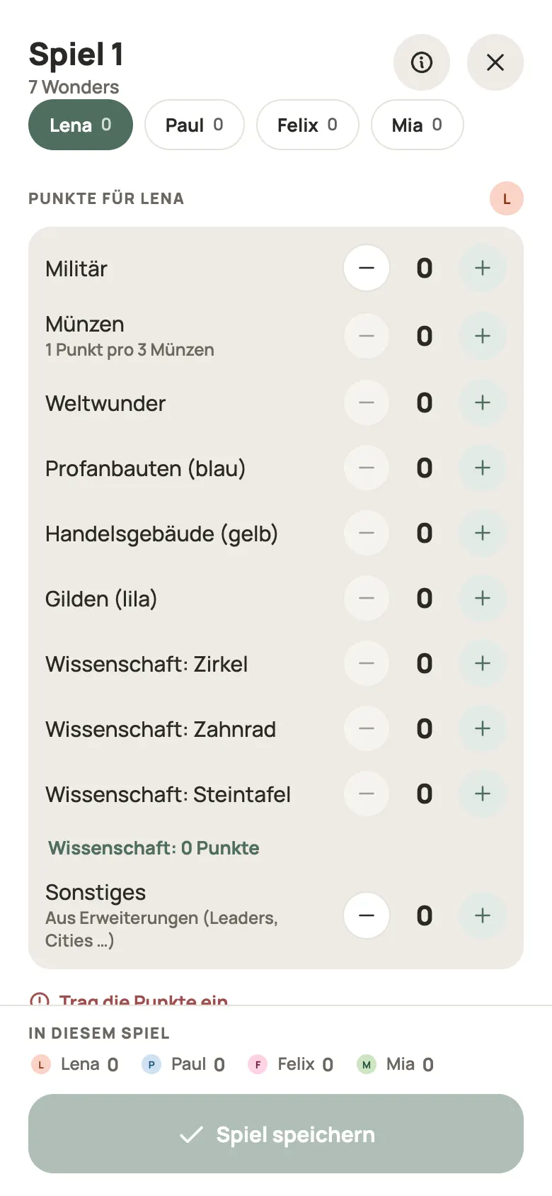 Eine Runde 7 Wonders in Yazboz Guru eintragen