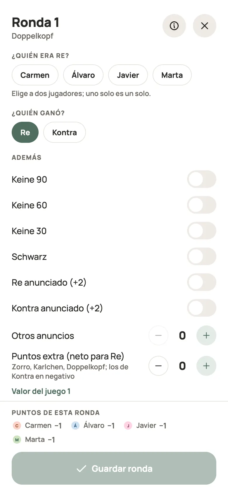 Anotar una ronda de Doppelkopf en Yazboz Guru