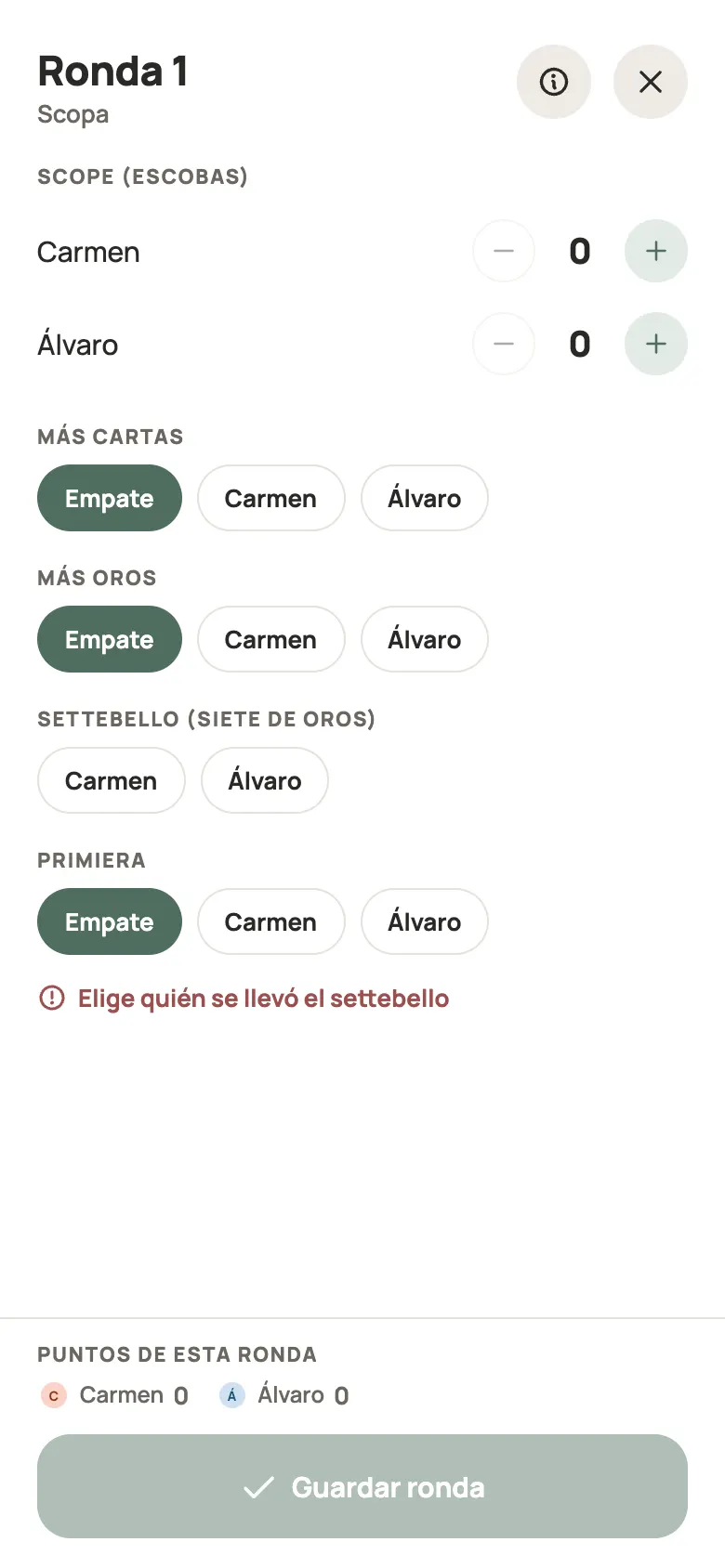 Anotar una ronda de Scopa en Yazboz Guru