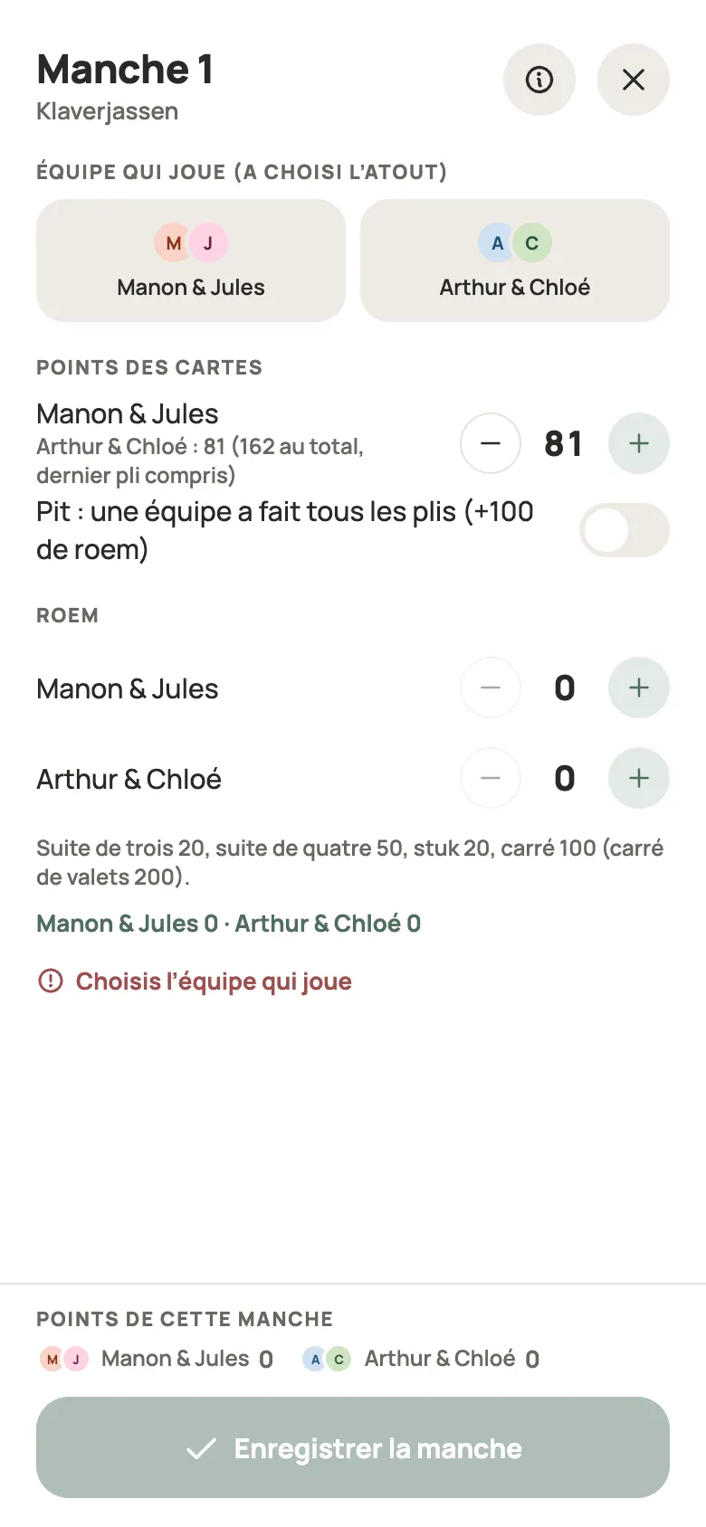 Saisie d’une manche de Klaverjassen dans Yazboz Guru