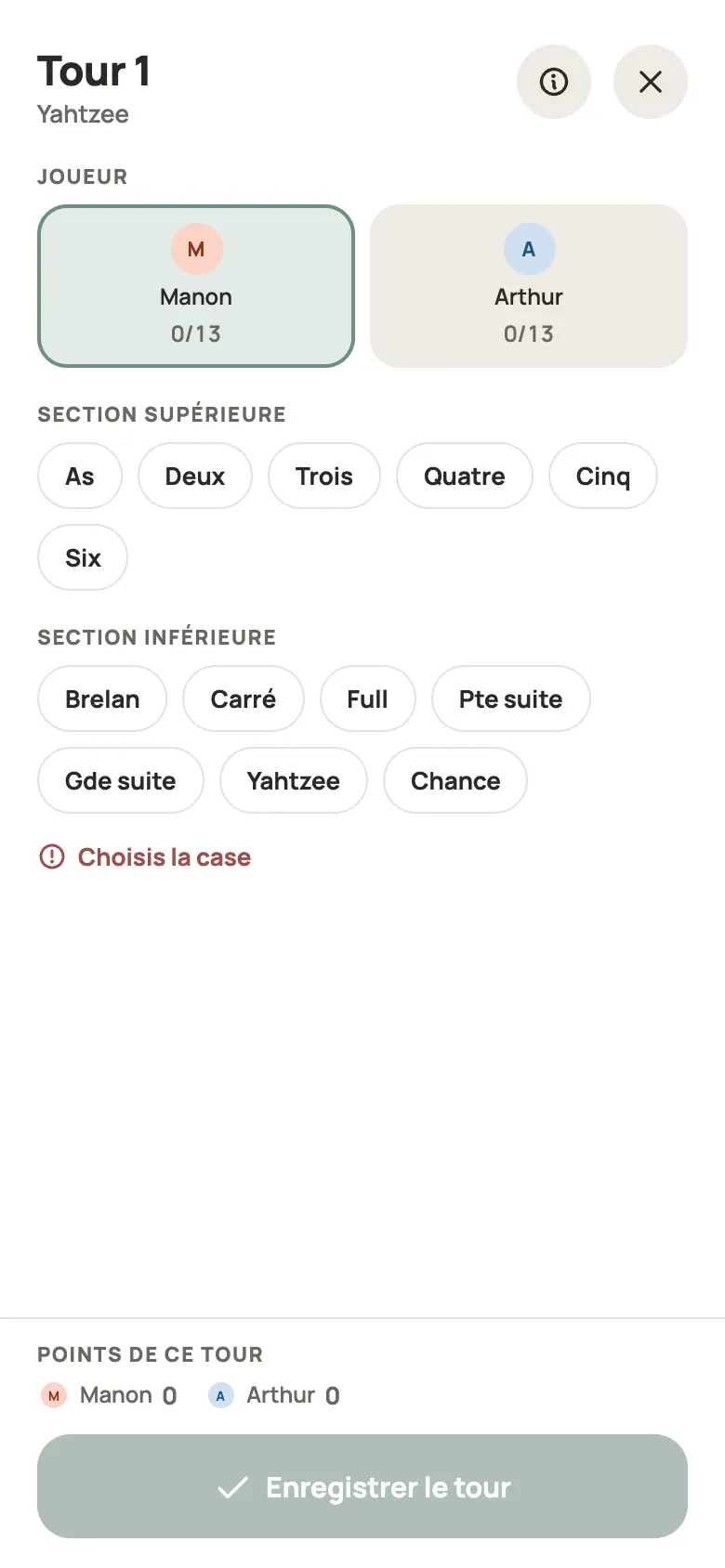 Saisie d’une manche de Yahtzee dans Yazboz Guru