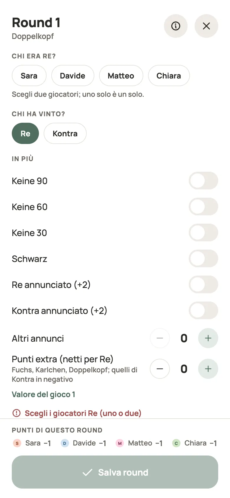 Inserimento di una mano di Doppelkopf in Yazboz Guru