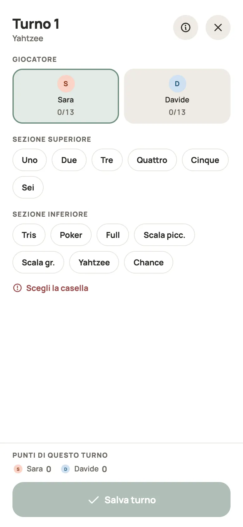 Inserimento di una mano di Yahtzee in Yazboz Guru