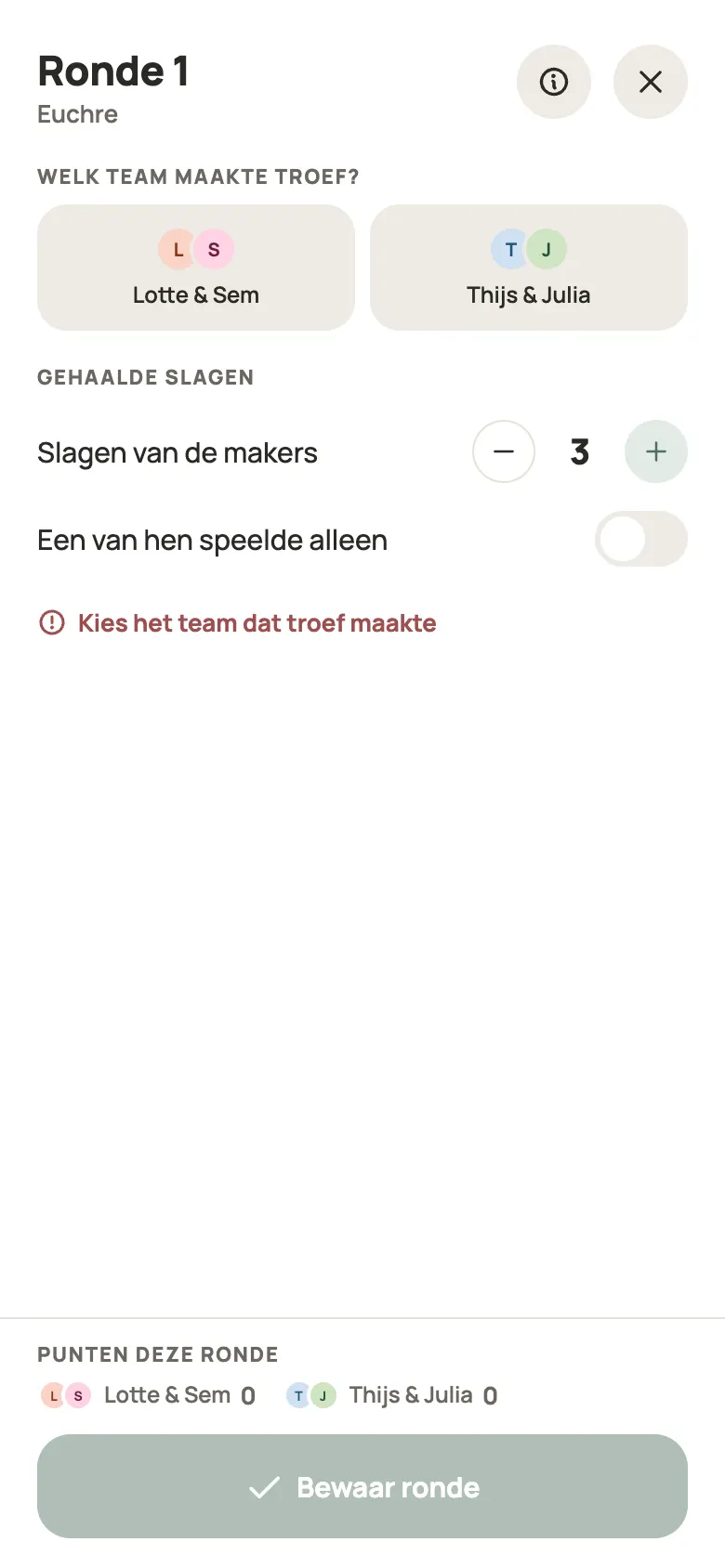 Een ronde Euchre invullen in Yazboz Guru