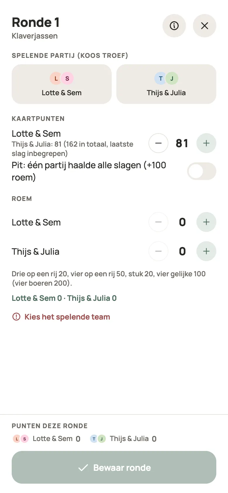 Een ronde Klaverjassen invullen in Yazboz Guru