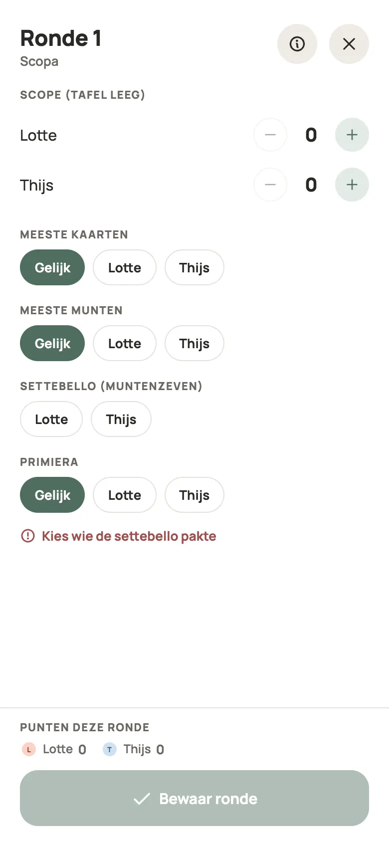 Een ronde Scopa invullen in Yazboz Guru
