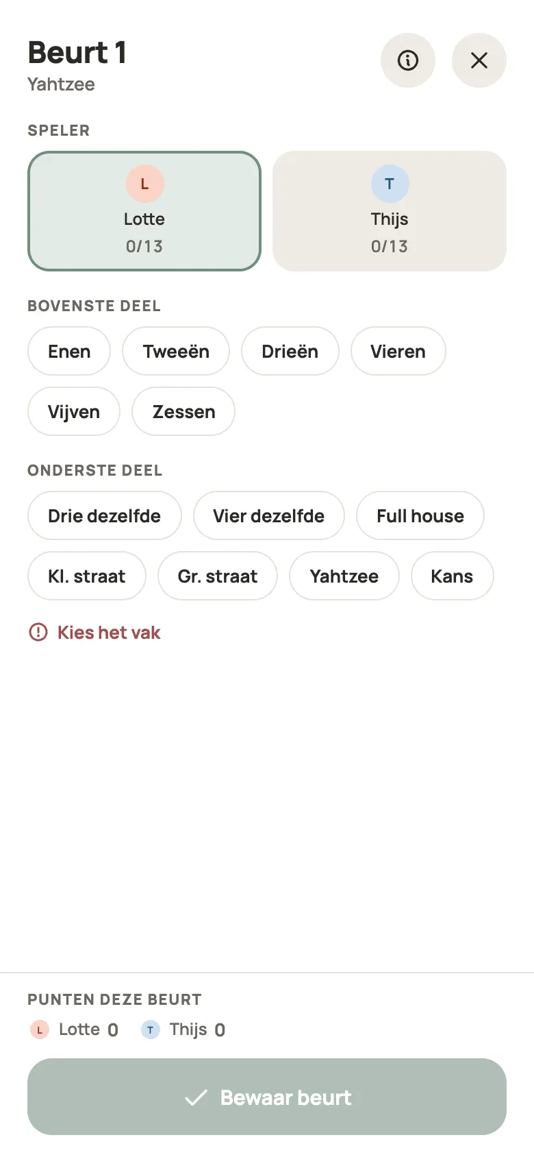 Een ronde Yahtzee invullen in Yazboz Guru
