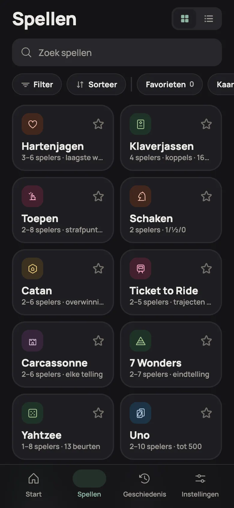 De lijst met spellen