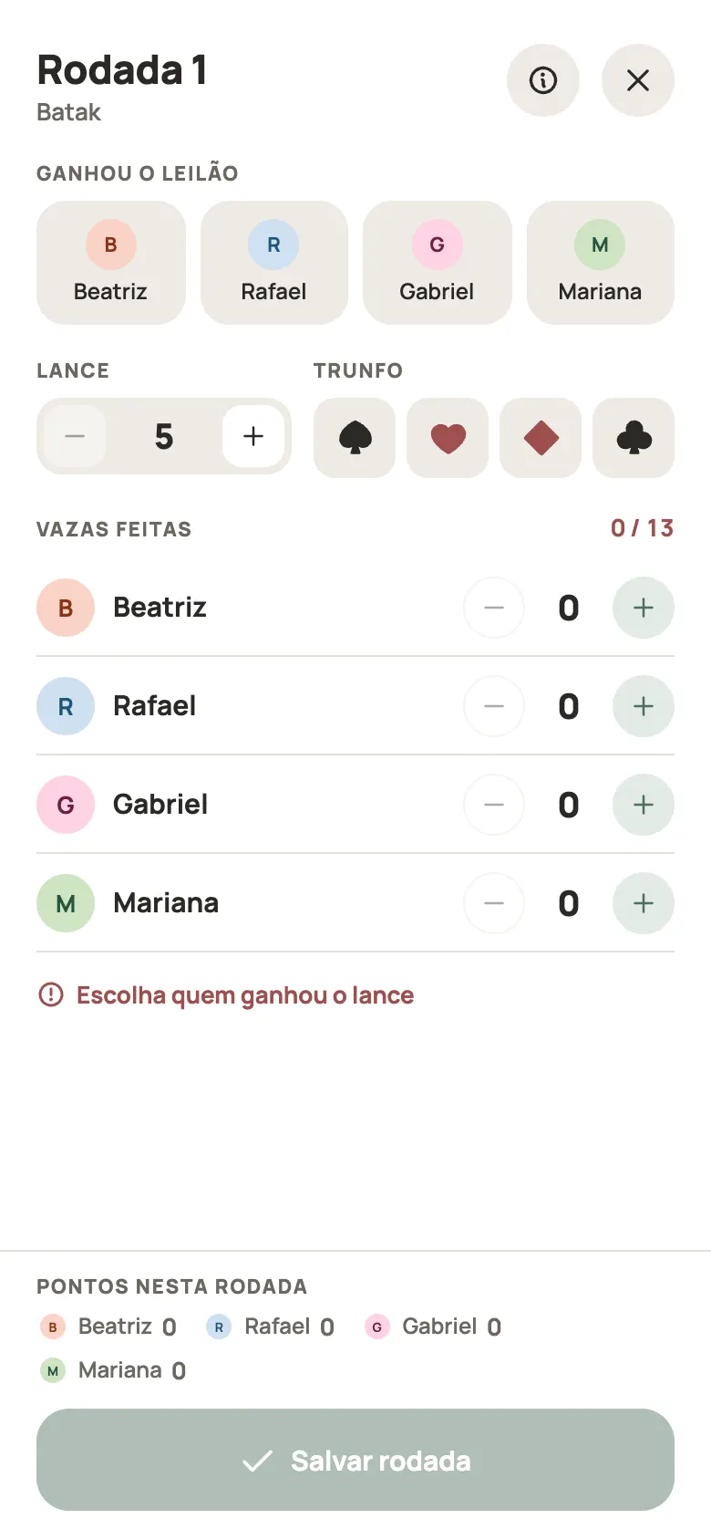 Anotando uma rodada de Batak no Yazboz Guru