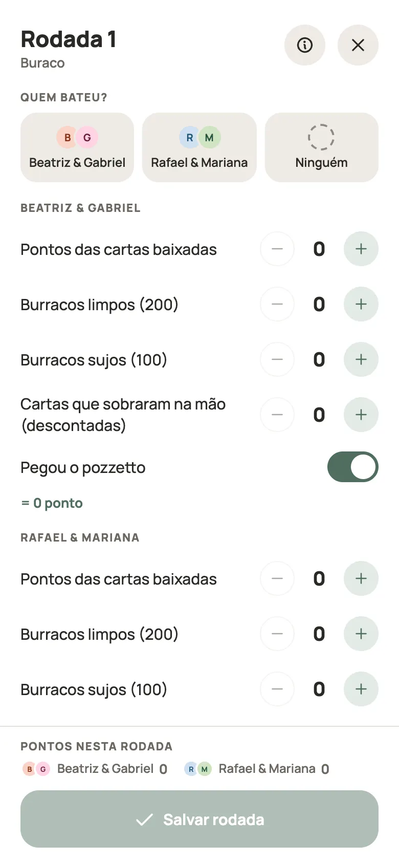 Anotando uma rodada de Buraco no Yazboz Guru