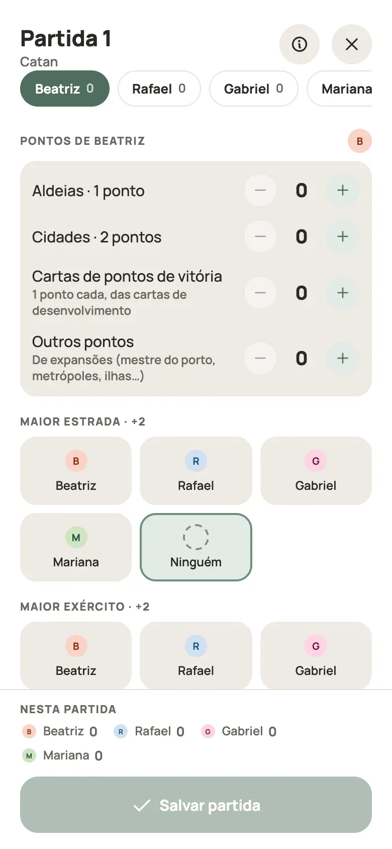 Anotando uma rodada de Catan no Yazboz Guru
