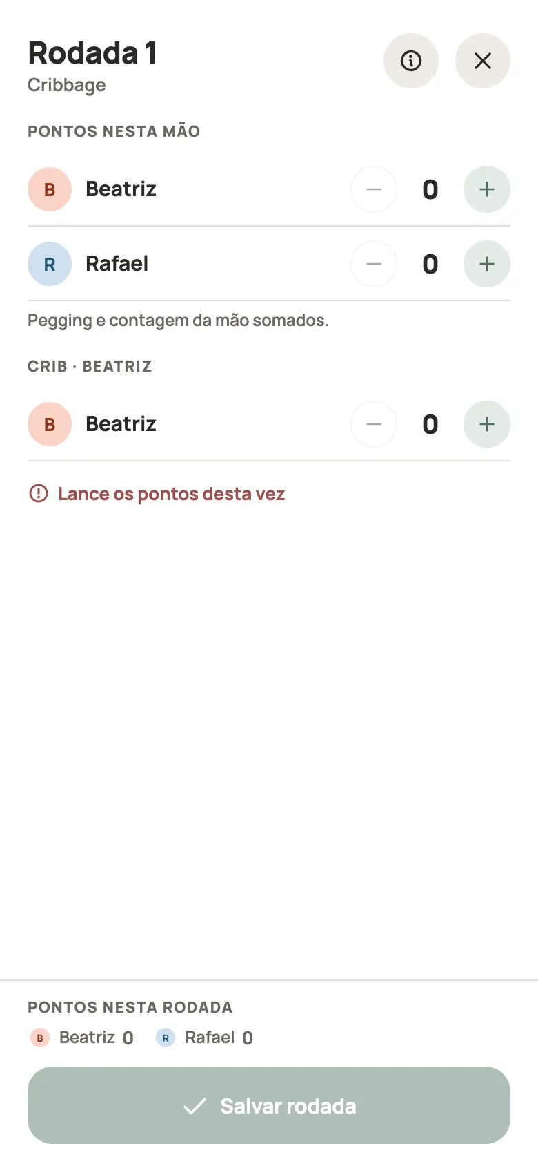 Anotando uma rodada de Cribbage no Yazboz Guru