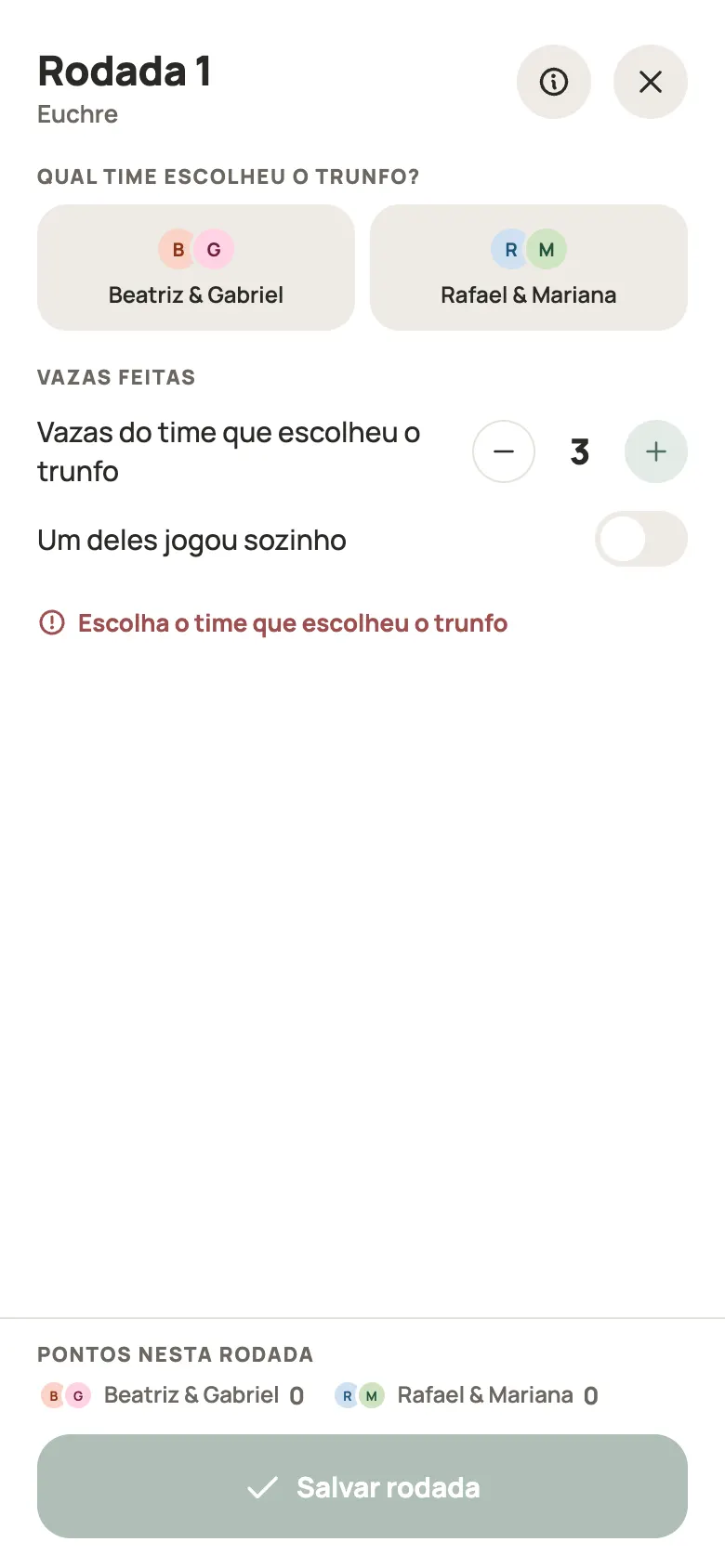 Anotando uma rodada de Euchre no Yazboz Guru