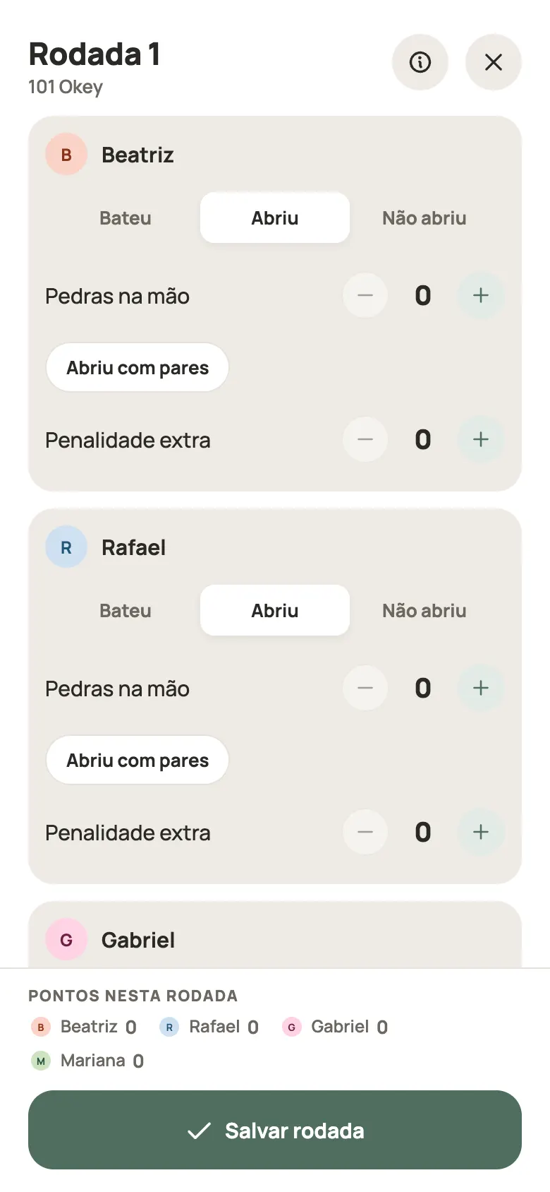 Anotando uma rodada de 101 Okey no Yazboz Guru