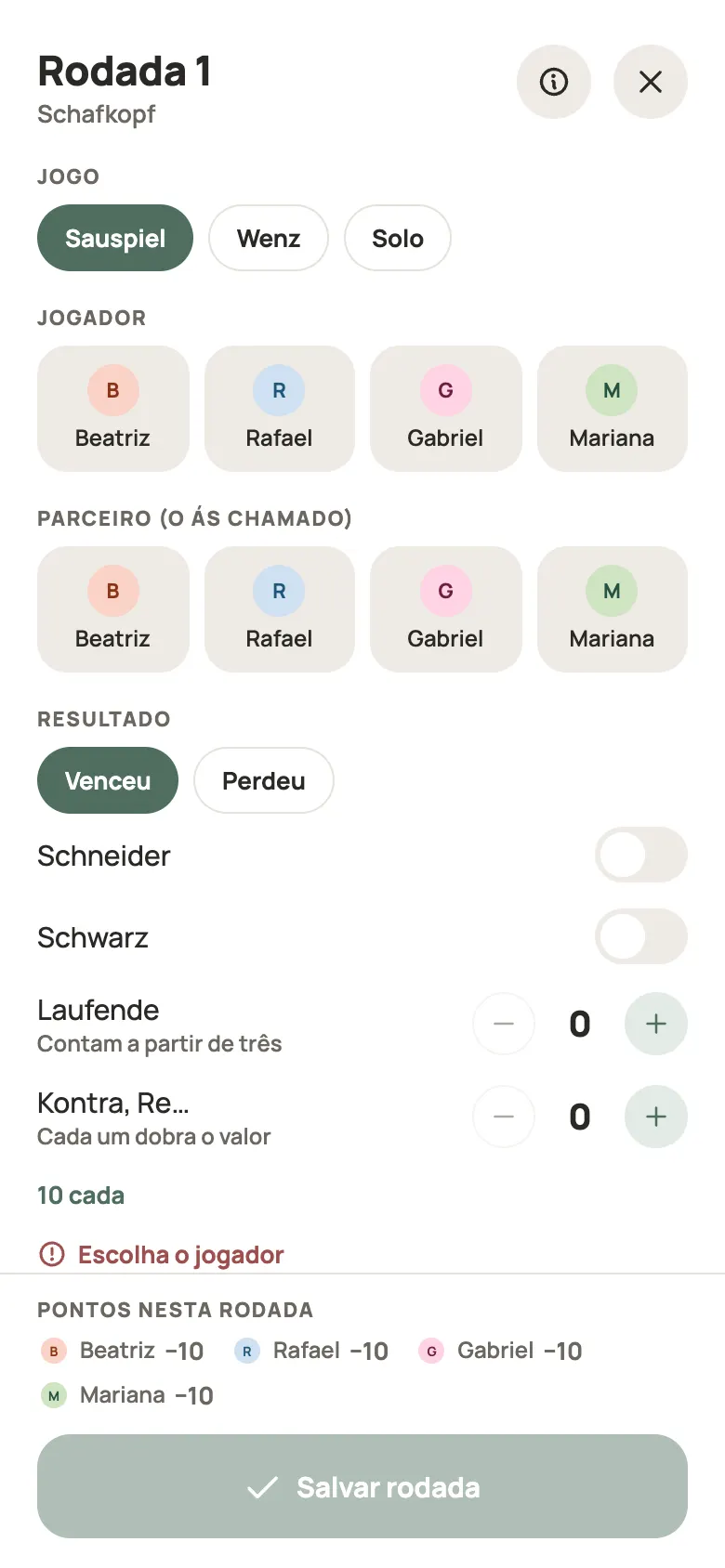 Anotando uma rodada de Schafkopf no Yazboz Guru