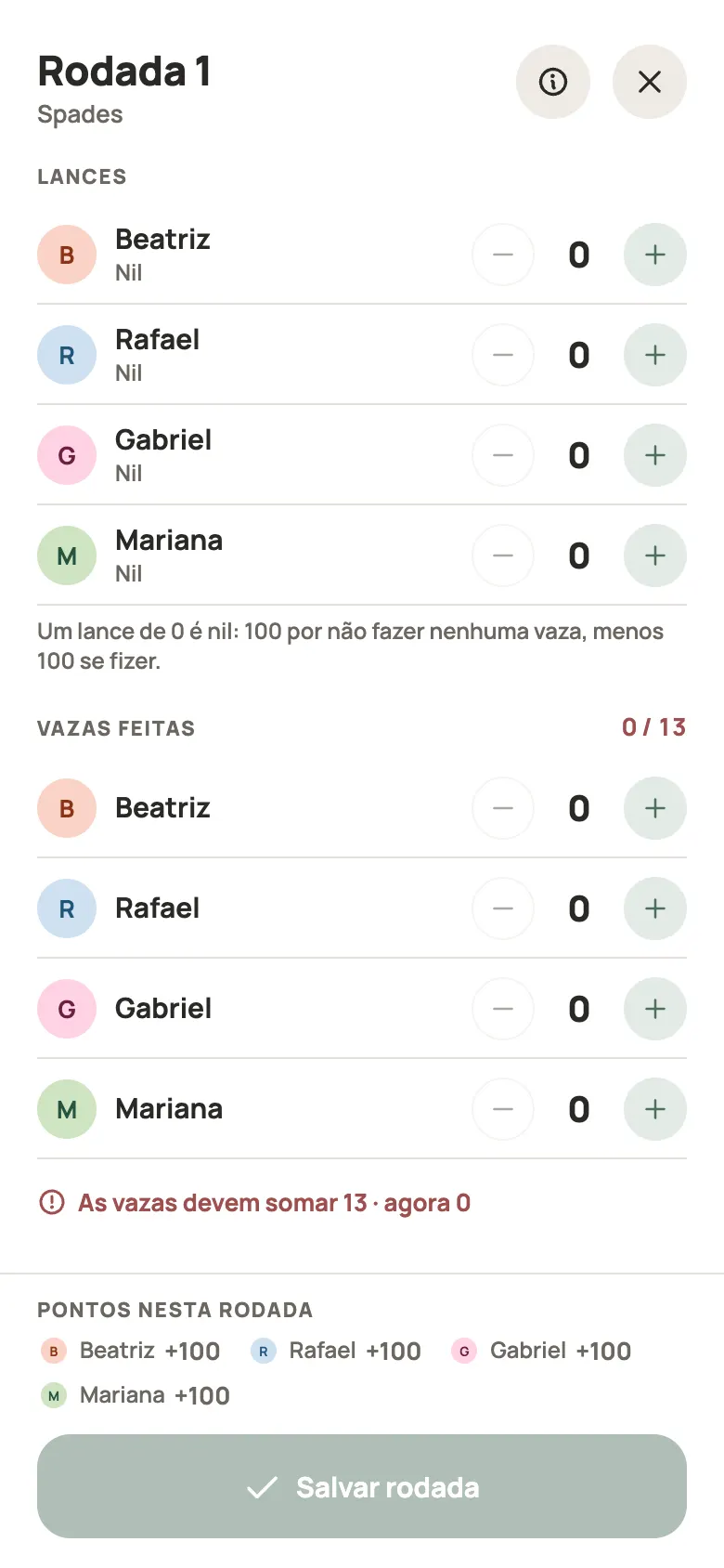 Anotando uma rodada de Spades no Yazboz Guru