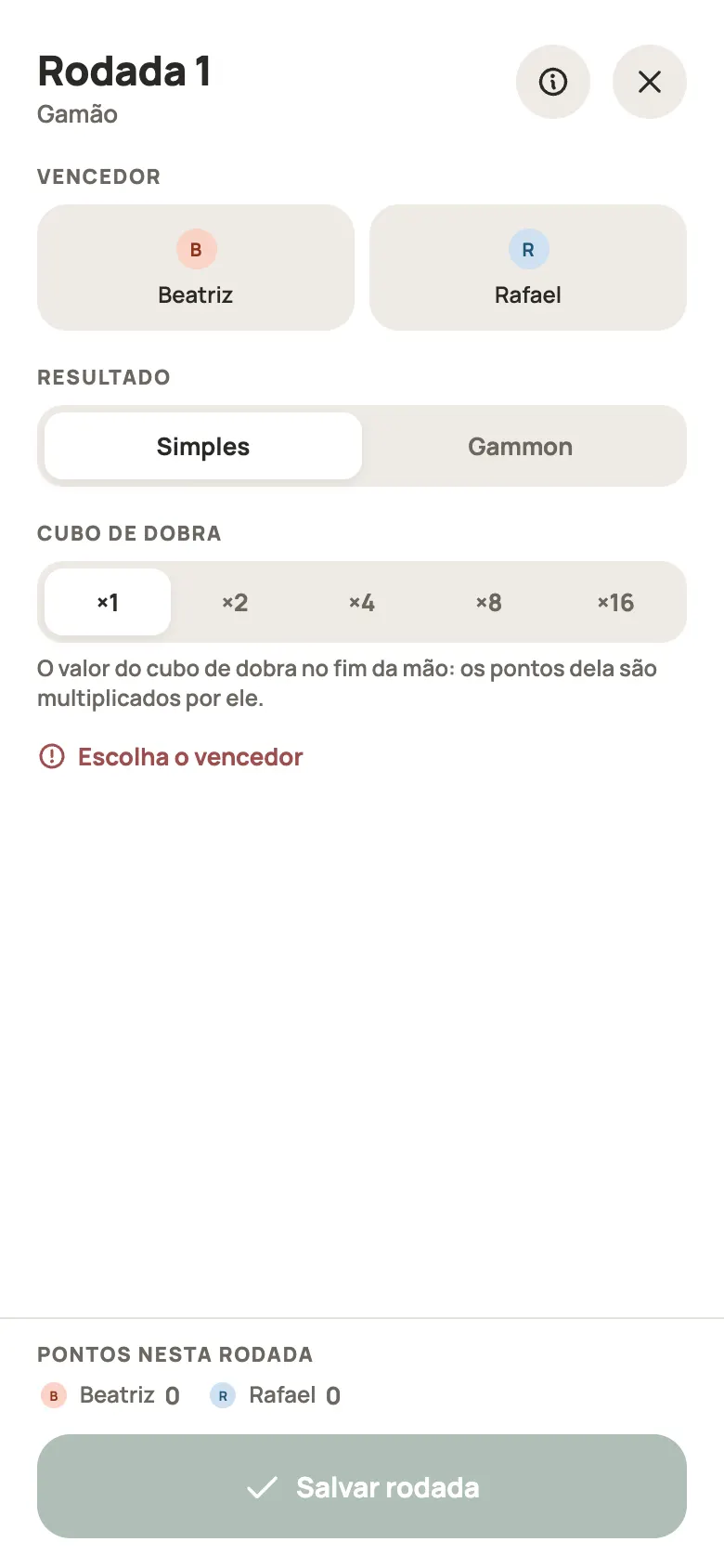 Anotando uma rodada de Gamão no Yazboz Guru