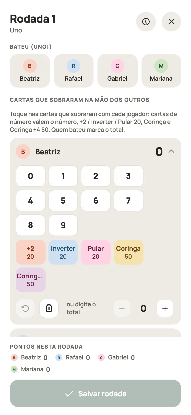 Anotando uma rodada de Uno no Yazboz Guru
