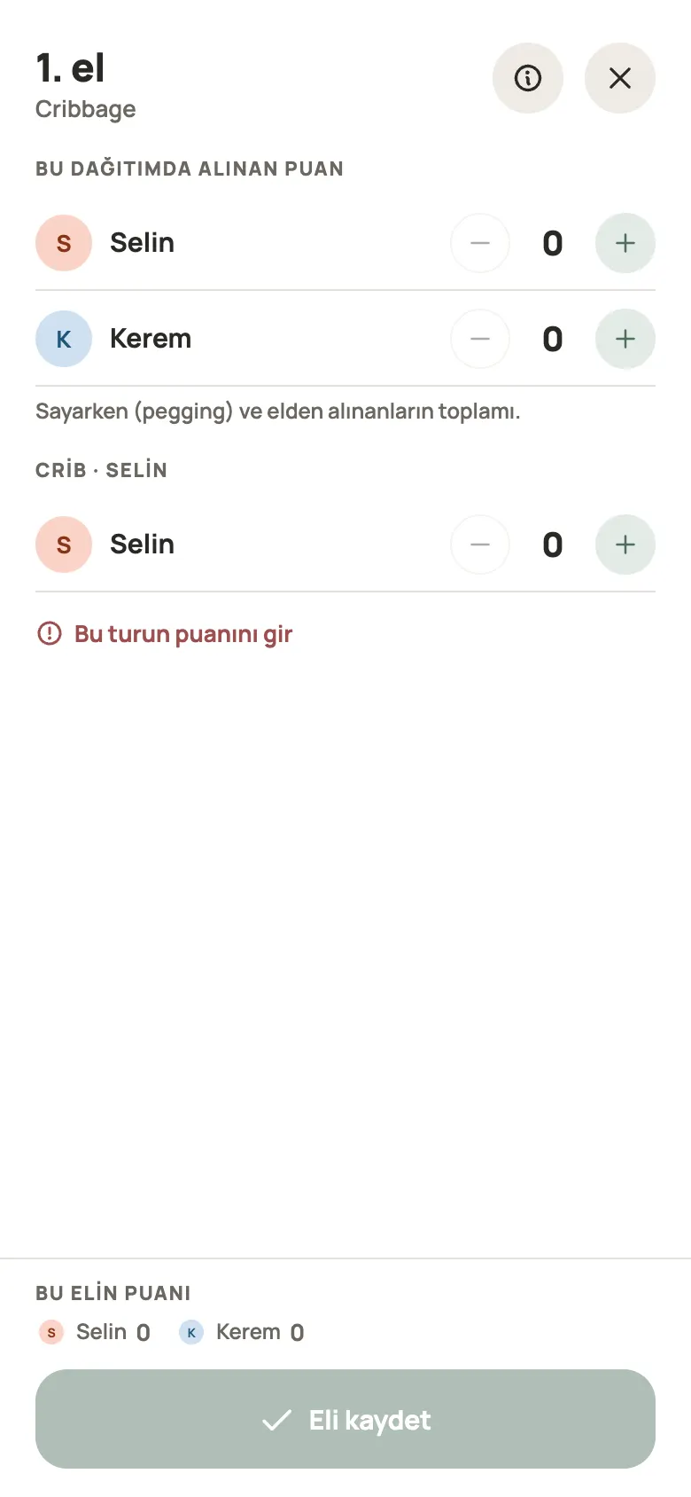 Yazboz Guru’da bir Cribbage elinin girişi