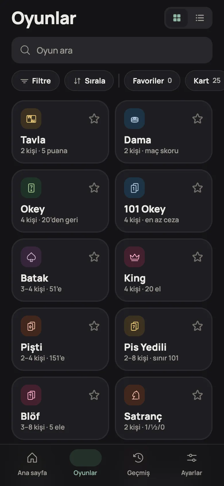 Oyunlar ekranı