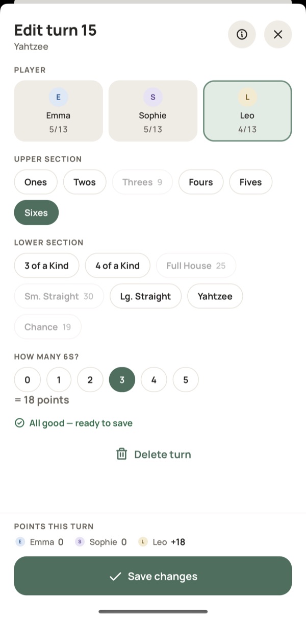 Entering a Yahtzee round in Yazboz Guru