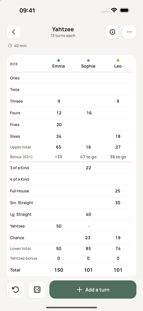 Yahtzee score sheet in Yazboz Guru