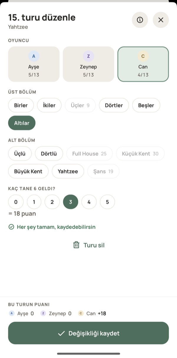 Yazboz Guru’da bir Yahtzee elinin girişi